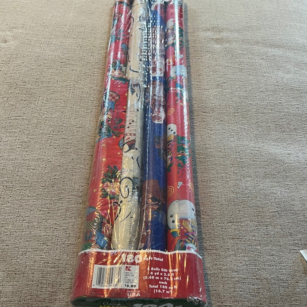 Vintage 2000 Kmart Christmas Gift Wrap 4 Rolls 180 Sq Ft Snowman Santa‎ Cleo USA